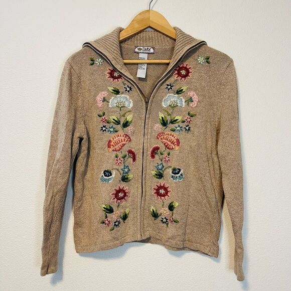 Vintage Tiara International Embroidered Floral Zip Up Cardigan Size Medium - Picture 1 of 7